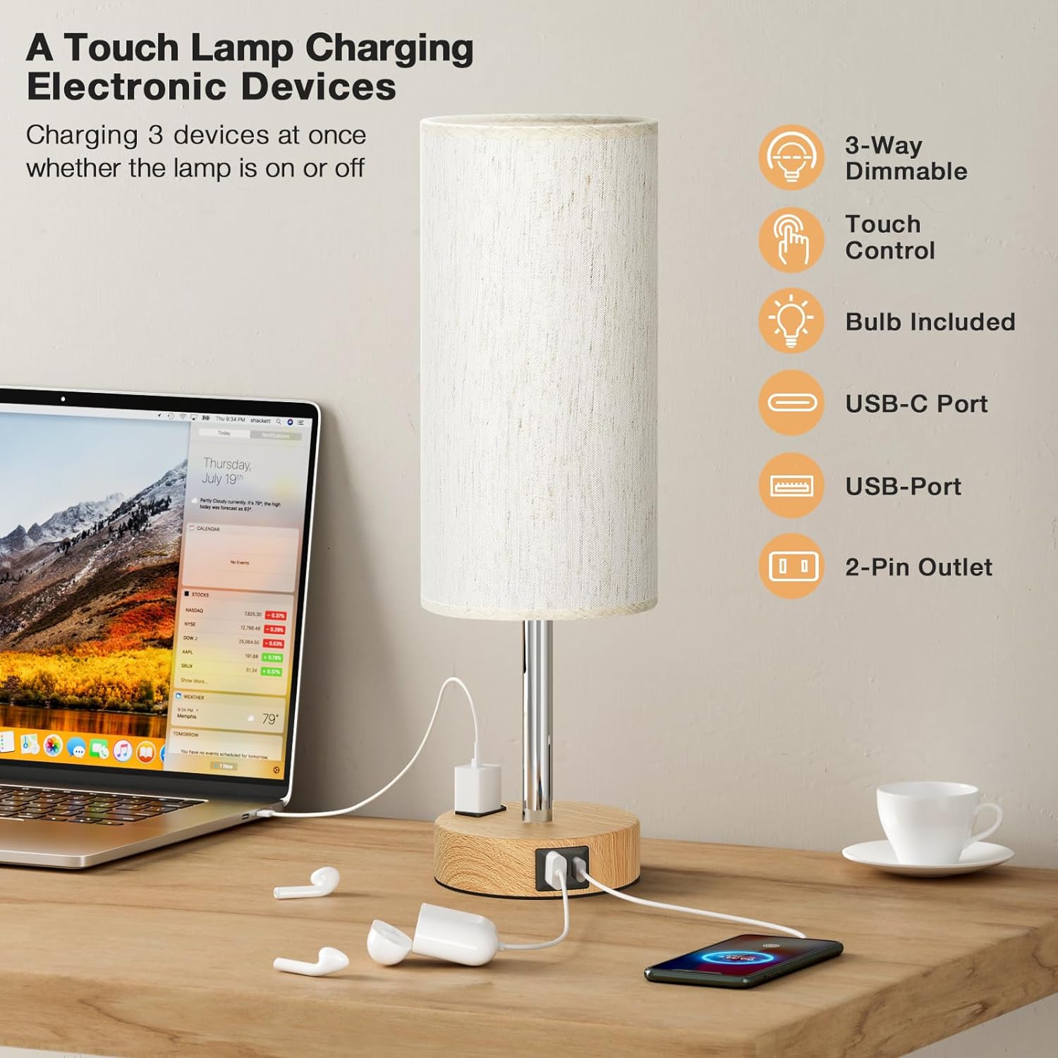 Bedside Table Lamp for Bedroom - 3 Way Dimmable Touch Lamp USB C Charging Ports and AC Outlet, Small Lamp Wood Base Round Flaxen Fabric Shade for Living Room, Desk, LED Bulb Included - Image 7