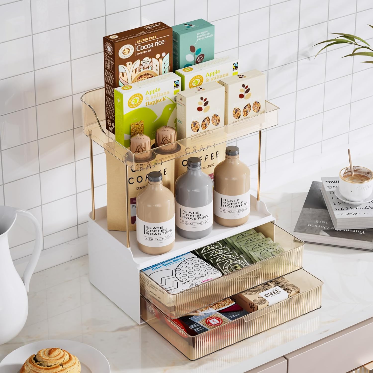 Delamu 2-Tier 2-Drawer Bathroom Organizer Countertop, Multi-Purpose Makeup Organizer Countertop, Large Skincare Organizers, Exquisite Vanity Organizer, Amber - Image 9