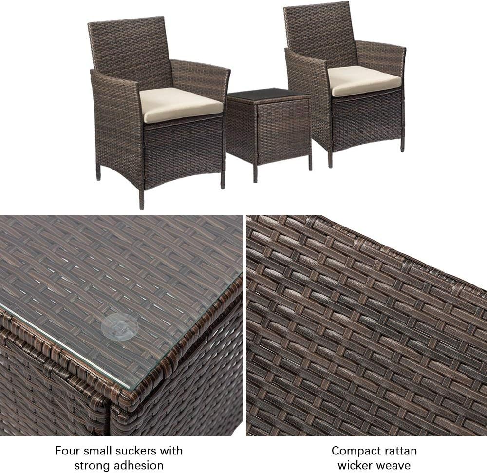 Devoko Patio Porch Furniture Sets 3 Pieces PE Rattan Wicker Chairs with Table Outdoor Garden Furniture Sets (Brown/Beige) - Image 5