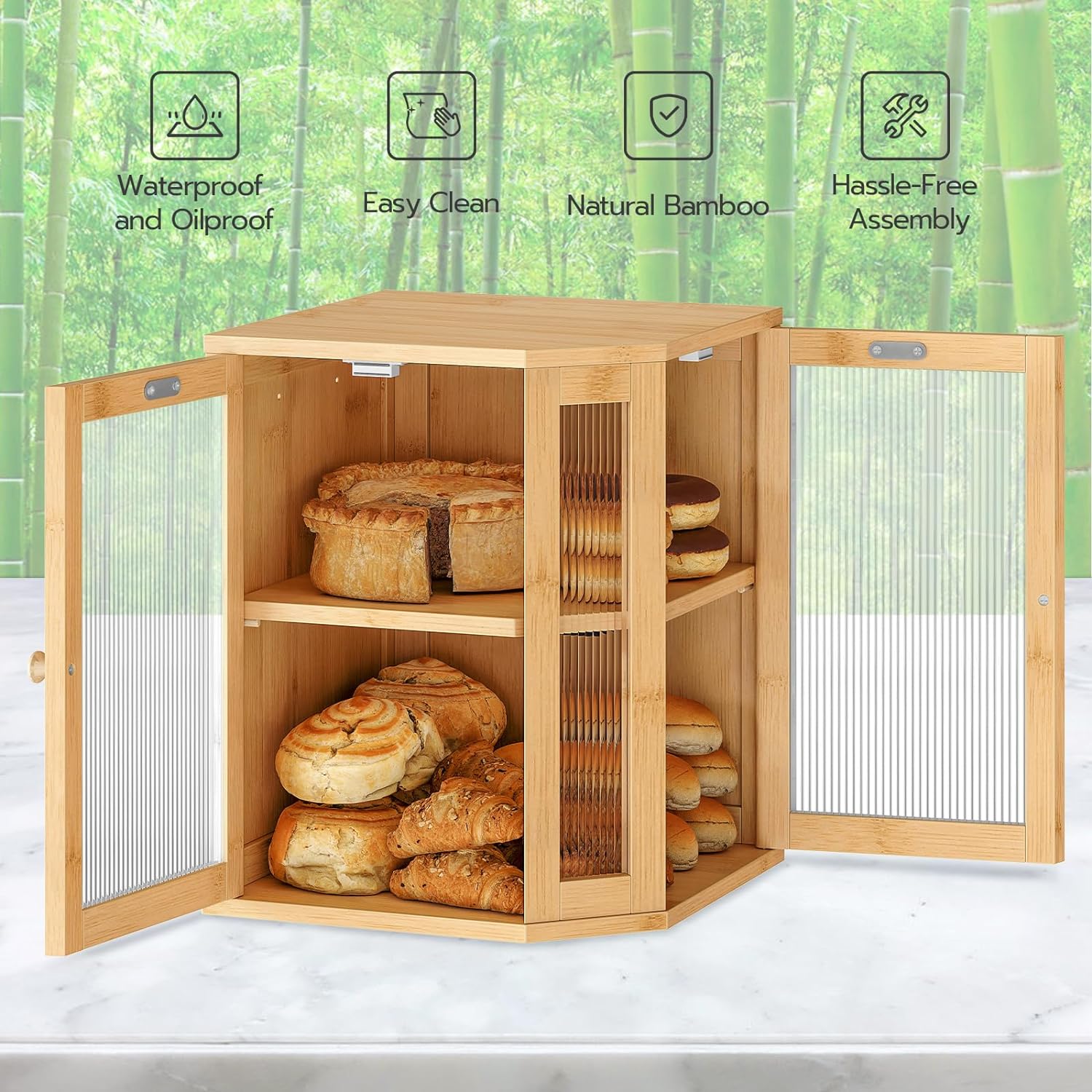 HOOBRO Bamboo Bread Box, Kitchen Countertop Corner Bread Box, Large Capacity 2-Tier Bread Box, Bread Storage Container with Dual Rippled Acrylic Doors, for Kitchen Food Storage, Natural YL12MB01 - Image 2