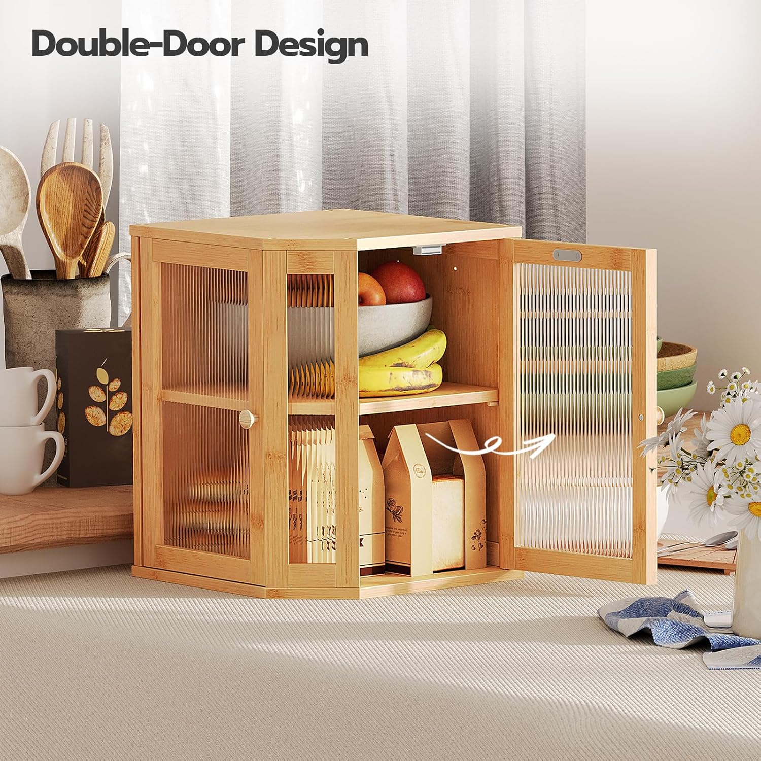 HOOBRO Bamboo Bread Box, Kitchen Countertop Corner Bread Box, Large Capacity 2-Tier Bread Box, Bread Storage Container with Dual Rippled Acrylic Doors, for Kitchen Food Storage, Natural YL12MB01 - Image 5