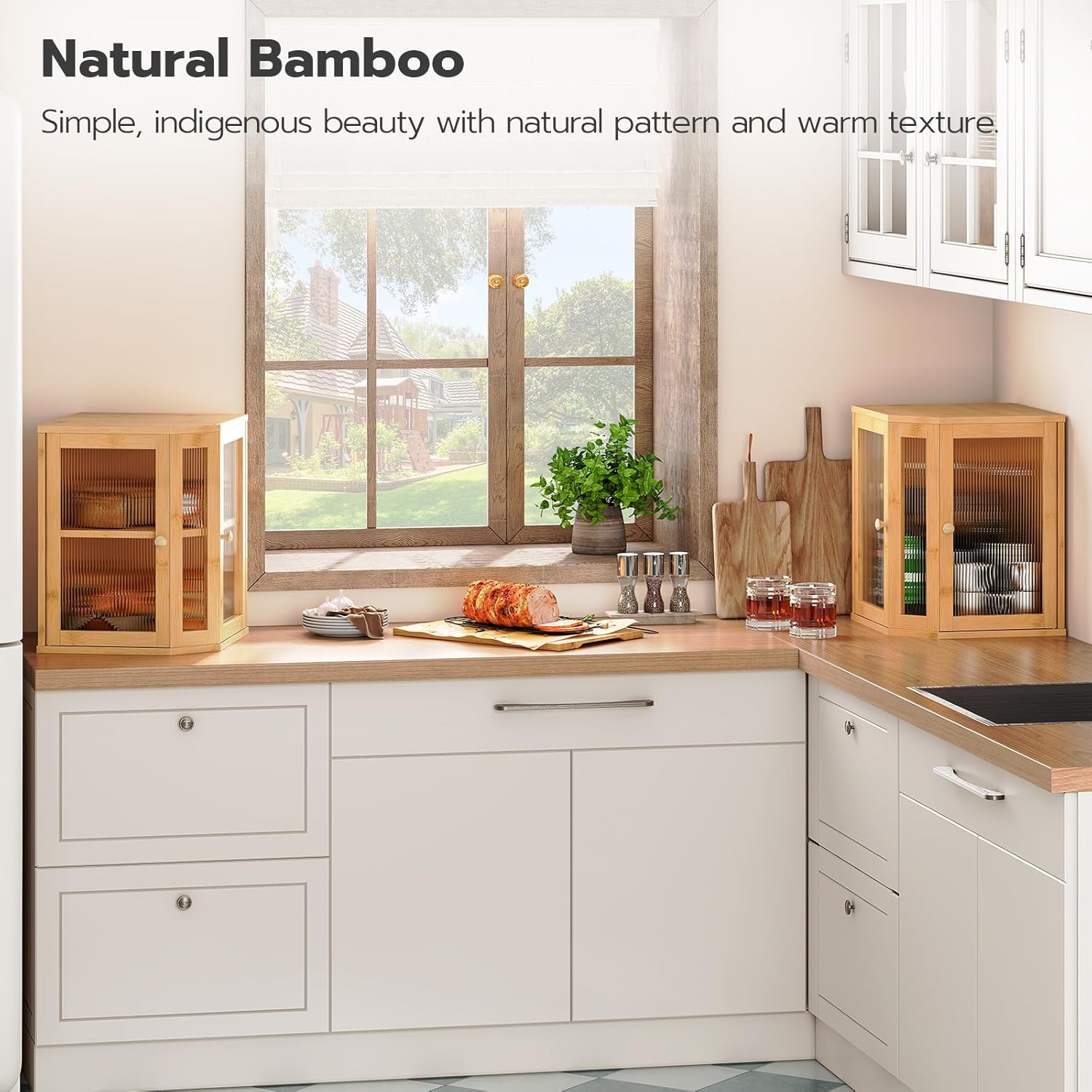 HOOBRO Bamboo Bread Box, Kitchen Countertop Corner Bread Box, Large Capacity 2-Tier Bread Box, Bread Storage Container with Dual Rippled Acrylic Doors, for Kitchen Food Storage, Natural YL12MB01 - Image 6