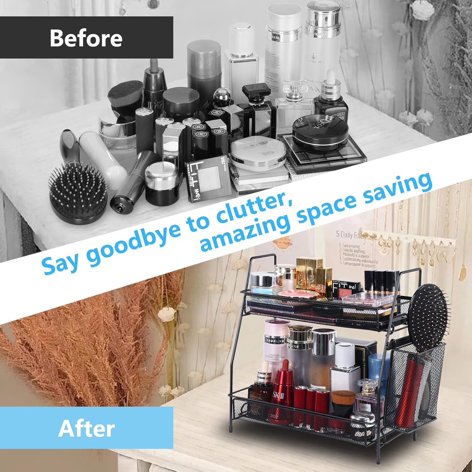 LEMIKKLE Countertop Organizer for Bathroom Counter, The Organizer for Bedroom, Spice Rack Organizer for Kitchen Counter Shelf with Small Basket(Black) - Image 4