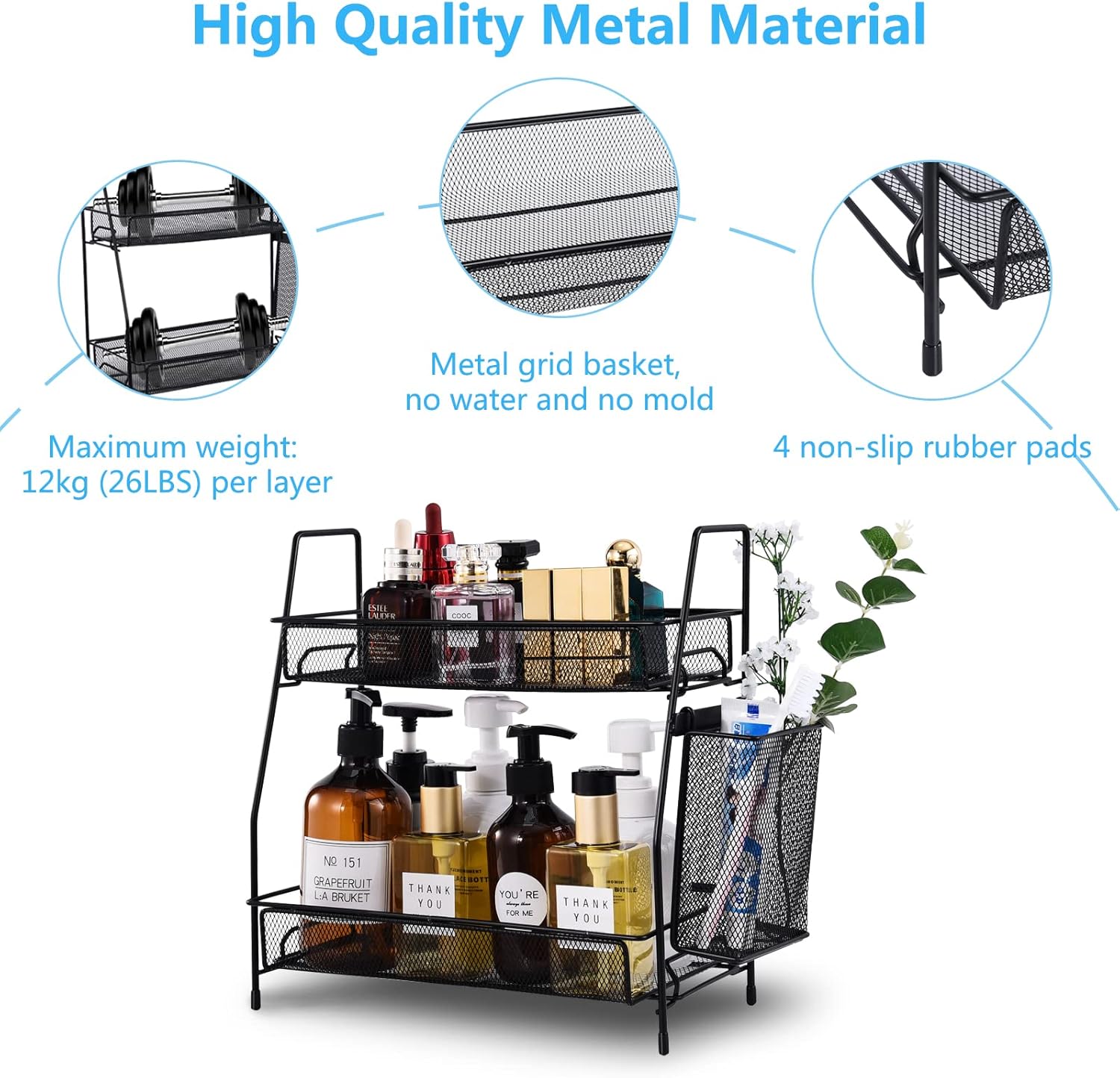 LEMIKKLE Countertop Organizer for Bathroom Counter, The Organizer for Bedroom, Spice Rack Organizer for Kitchen Counter Shelf with Small Basket(Black) - Image 8