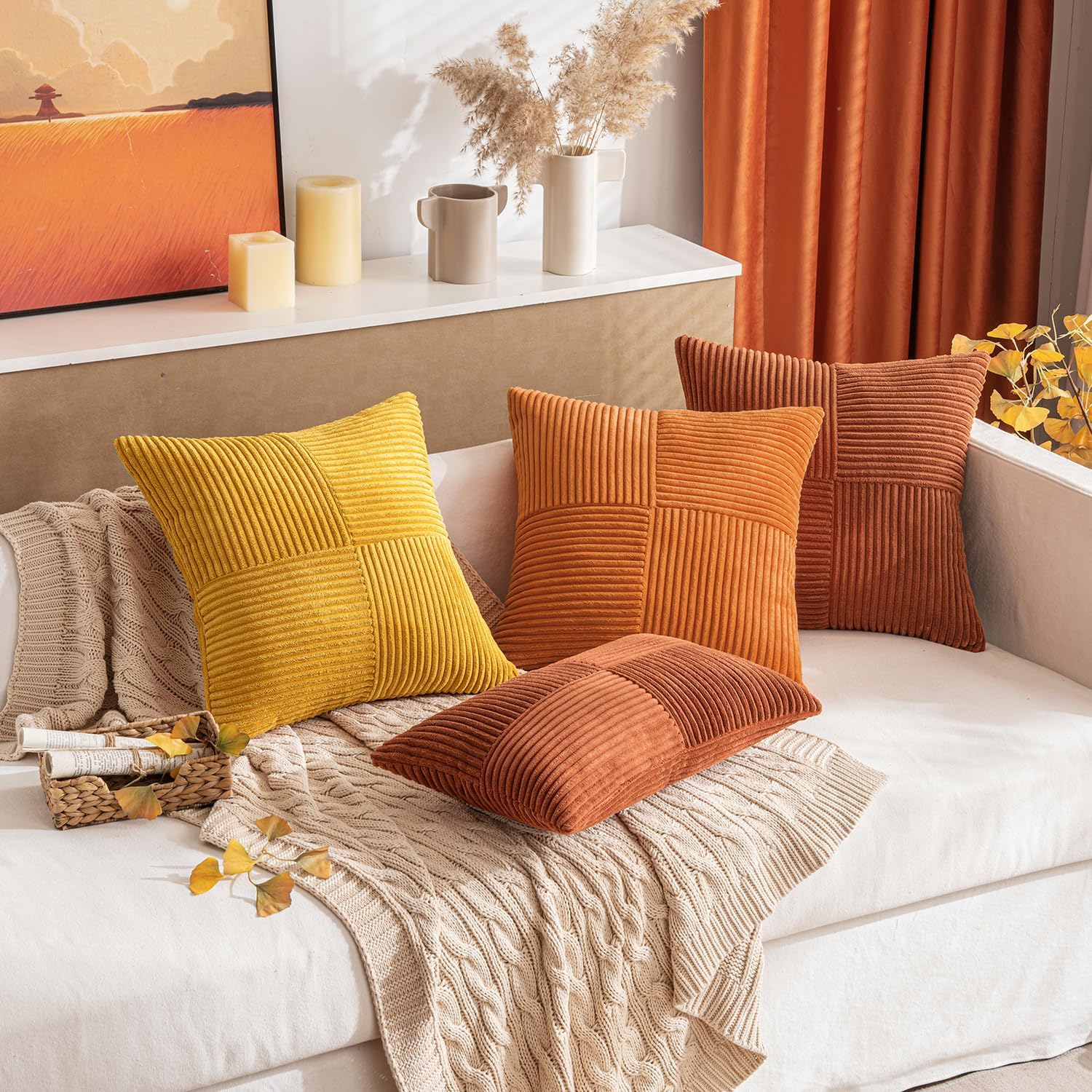 MIULEE Fall Rust Corduroy Pillow Covers Pack of 2 Boho Decorative Spliced Throw Pillow Covers Soft Solid Couch Pillowcases Cross Patchwork Textured Cushion Covers for Living Room Bed Sofa 18x18 inch - Image 4