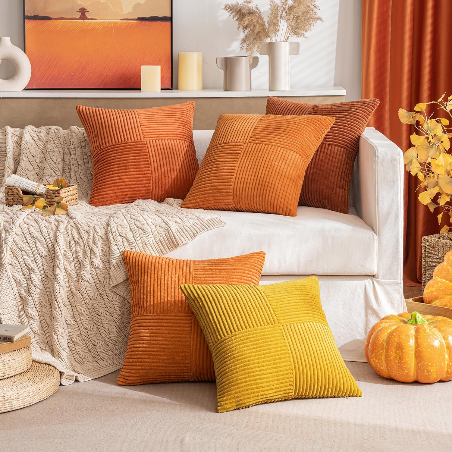 MIULEE Fall Rust Corduroy Pillow Covers Pack of 2 Boho Decorative Spliced Throw Pillow Covers Soft Solid Couch Pillowcases Cross Patchwork Textured Cushion Covers for Living Room Bed Sofa 18x18 inch - Image 5