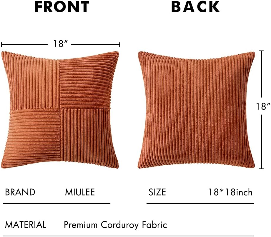 MIULEE Fall Rust Corduroy Pillow Covers Pack of 2 Boho Decorative Spliced Throw Pillow Covers Soft Solid Couch Pillowcases Cross Patchwork Textured Cushion Covers for Living Room Bed Sofa 18x18 inch - Image 6