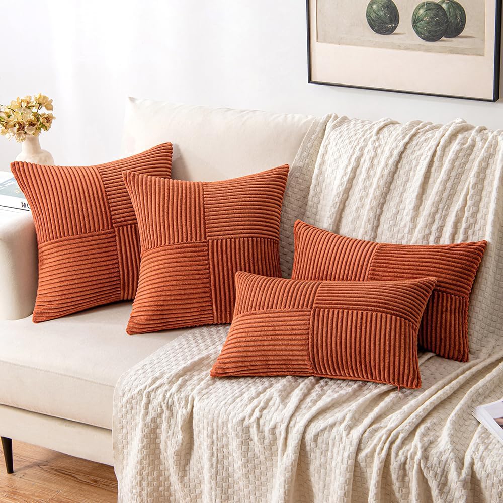 MIULEE Fall Rust Corduroy Pillow Covers Pack of 2 Boho Decorative Spliced Throw Pillow Covers Soft Solid Couch Pillowcases Cross Patchwork Textured Cushion Covers for Living Room Bed Sofa 18x18 inch - Image 7
