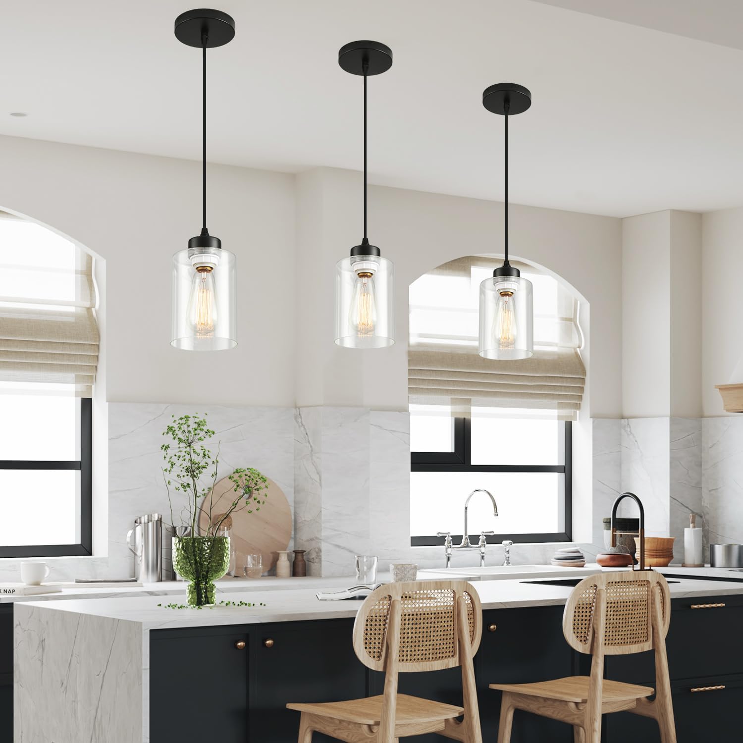Modern Black Farmhouse Clear Glass Cylinder Pendant Light Fixture,Island Lights for Kitchen,Mini Pendant Lighting for Kitchen Island Decor - 4.75 Inch Shade, 2-58 Inch Cord (Black 2 Pack) - Image 3