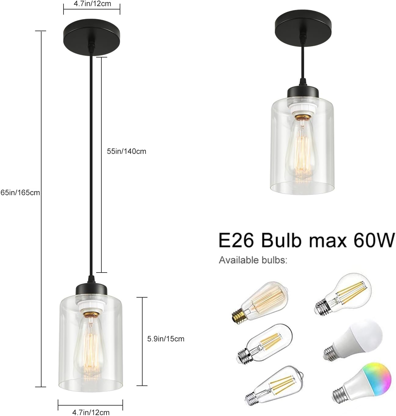Modern Black Farmhouse Clear Glass Cylinder Pendant Light Fixture,Island Lights for Kitchen,Mini Pendant Lighting for Kitchen Island Decor - 4.75 Inch Shade, 2-58 Inch Cord (Black 2 Pack) - Image 5