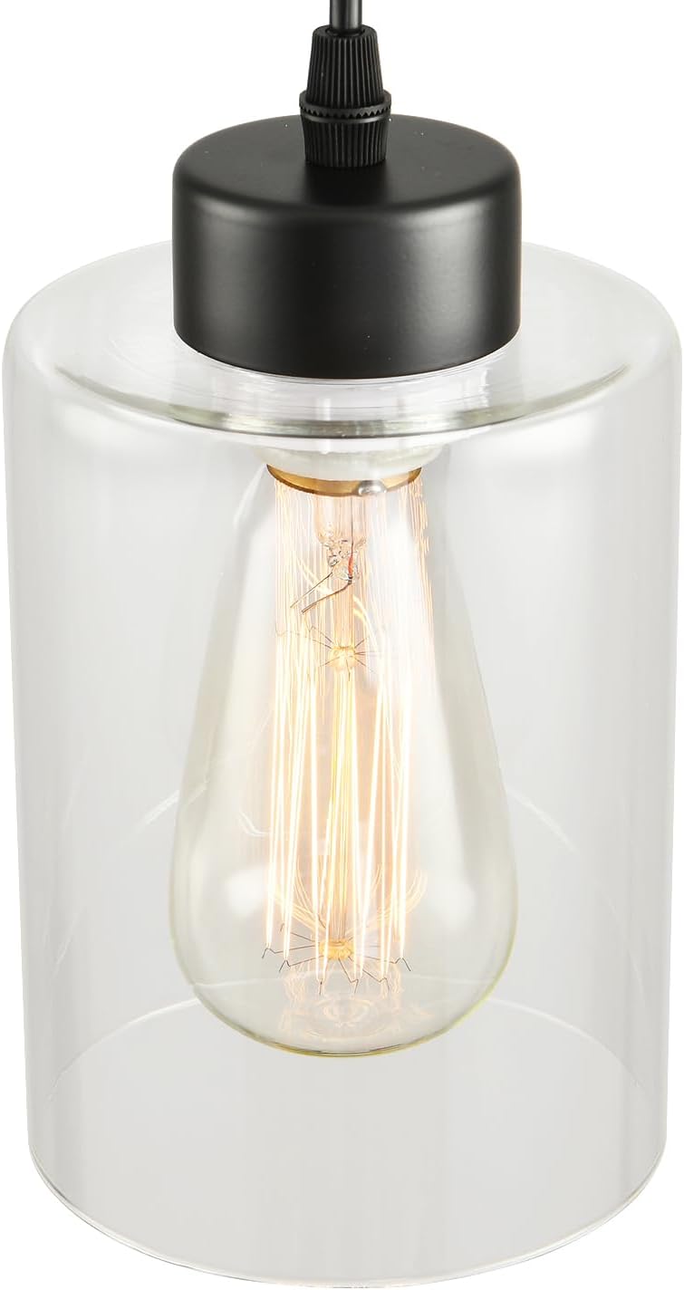 Modern Black Farmhouse Clear Glass Cylinder Pendant Light Fixture,Island Lights for Kitchen,Mini Pendant Lighting for Kitchen Island Decor - 4.75 Inch Shade, 2-58 Inch Cord (Black 2 Pack) - Image 6