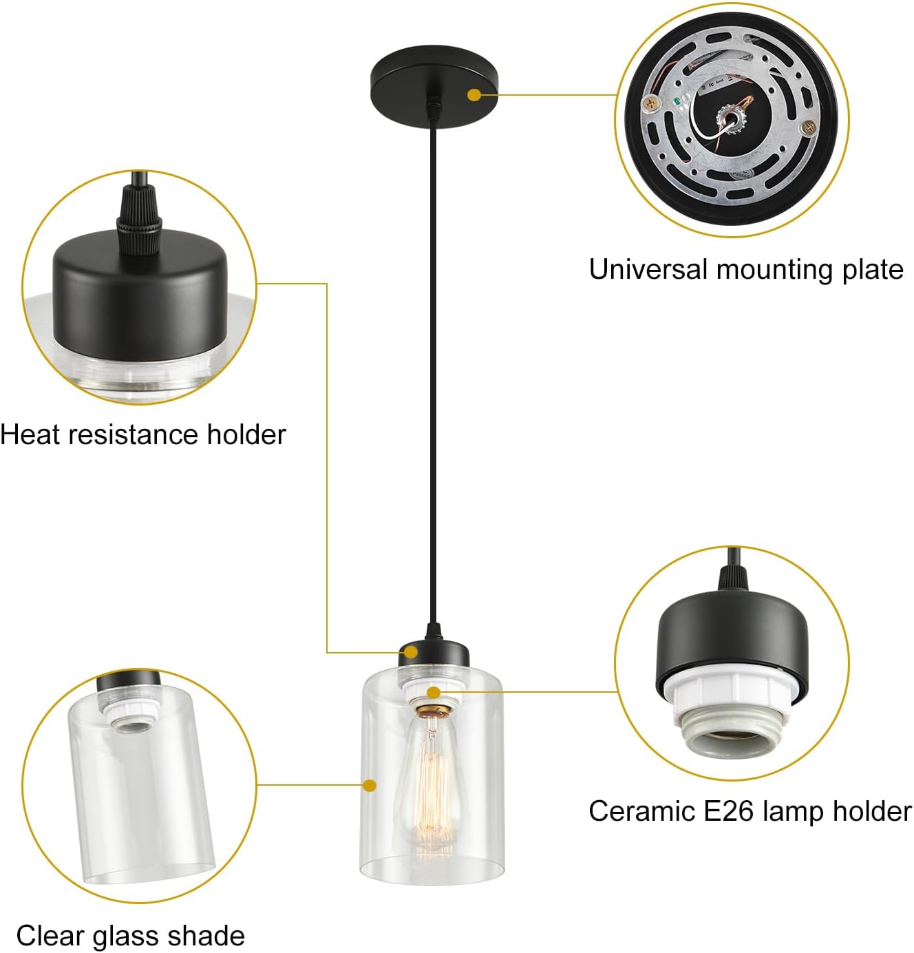 Modern Black Farmhouse Clear Glass Cylinder Pendant Light Fixture,Island Lights for Kitchen,Mini Pendant Lighting for Kitchen Island Decor - 4.75 Inch Shade, 2-58 Inch Cord (Black 2 Pack) - Image 7
