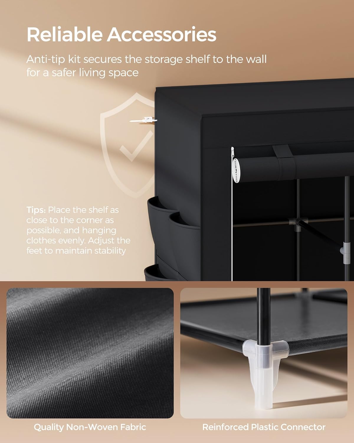 SONGMICS Portable Closet, Wardrobe Closet Organizer with Cover, 4 Hanging Rods and Shelves, 4 Side Pockets, 66.9 x 17.7 x 65.7 Inches, Large Capacity for Bedroom, Living Room, Ink Black URYG094B02 - Image 7