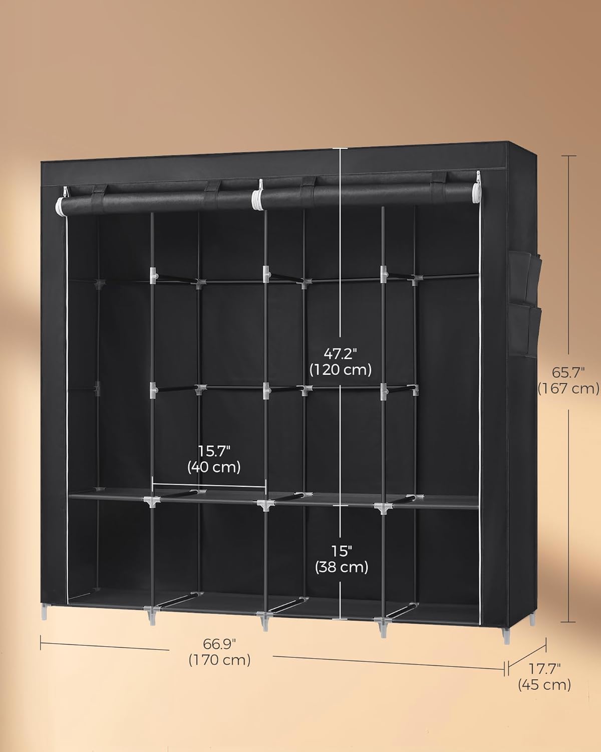 SONGMICS Portable Closet, Wardrobe Closet Organizer with Cover, 4 Hanging Rods and Shelves, 4 Side Pockets, 66.9 x 17.7 x 65.7 Inches, Large Capacity for Bedroom, Living Room, Ink Black URYG094B02 - Image 8