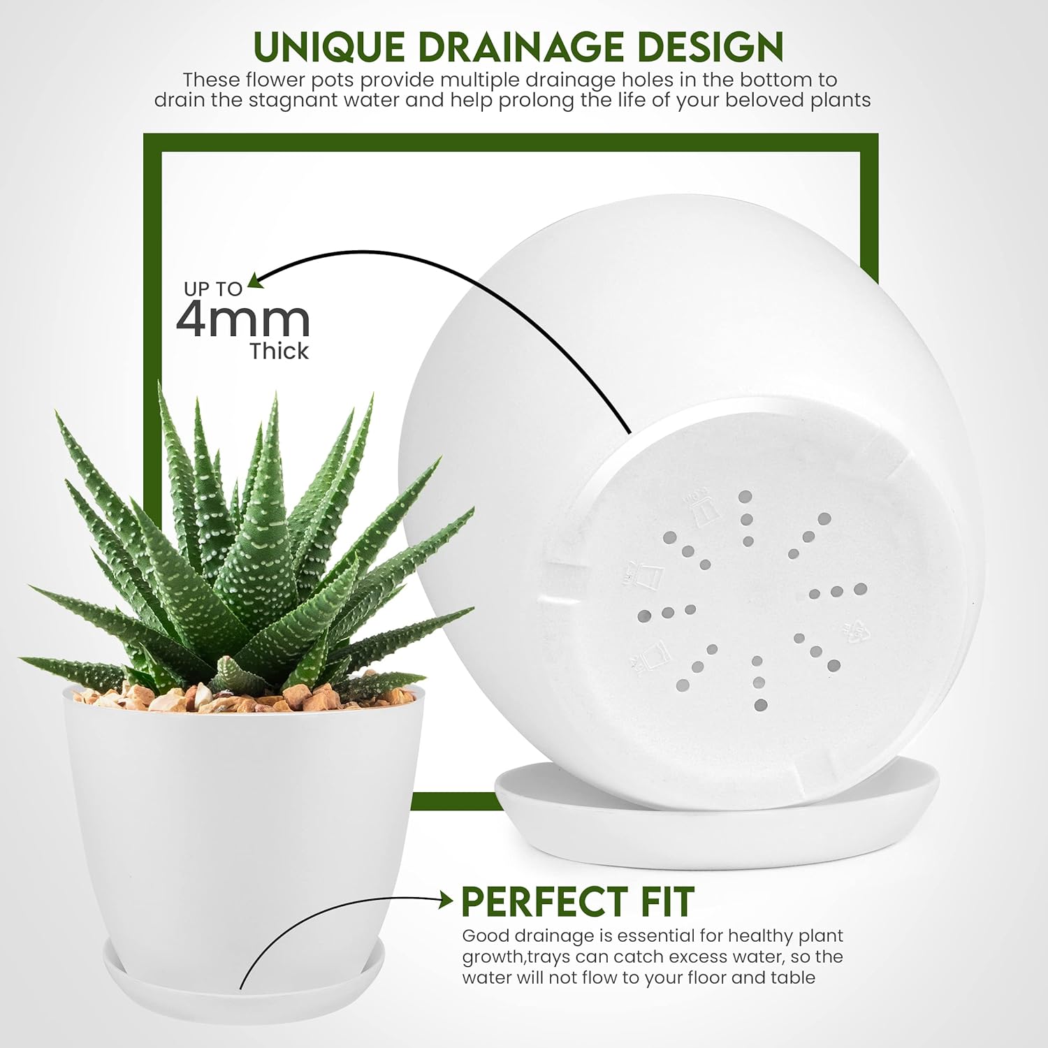 Utopia Home - Plant Pots with Drainage - 7/6.6/6/5.3/4.8 Inches Home Decor Flower Pots for Indoor Planter - Pack of 5 Plastic Planters, Cactus, Succulents Pot - White - Image 3