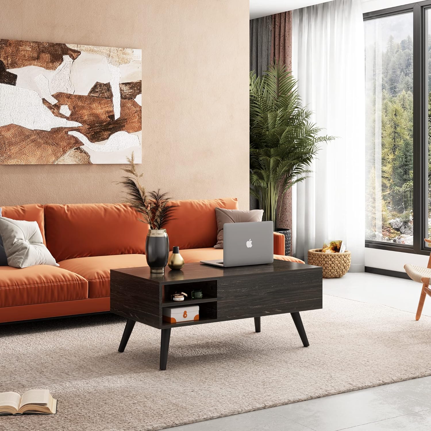 WLIVE Wood Lift Top Coffee Table with Hidden Compartment and Adjustable Storage Shelf, Lift Tabletop Dining Table for Home Living Room, Office, Charcoal Black - Image 2