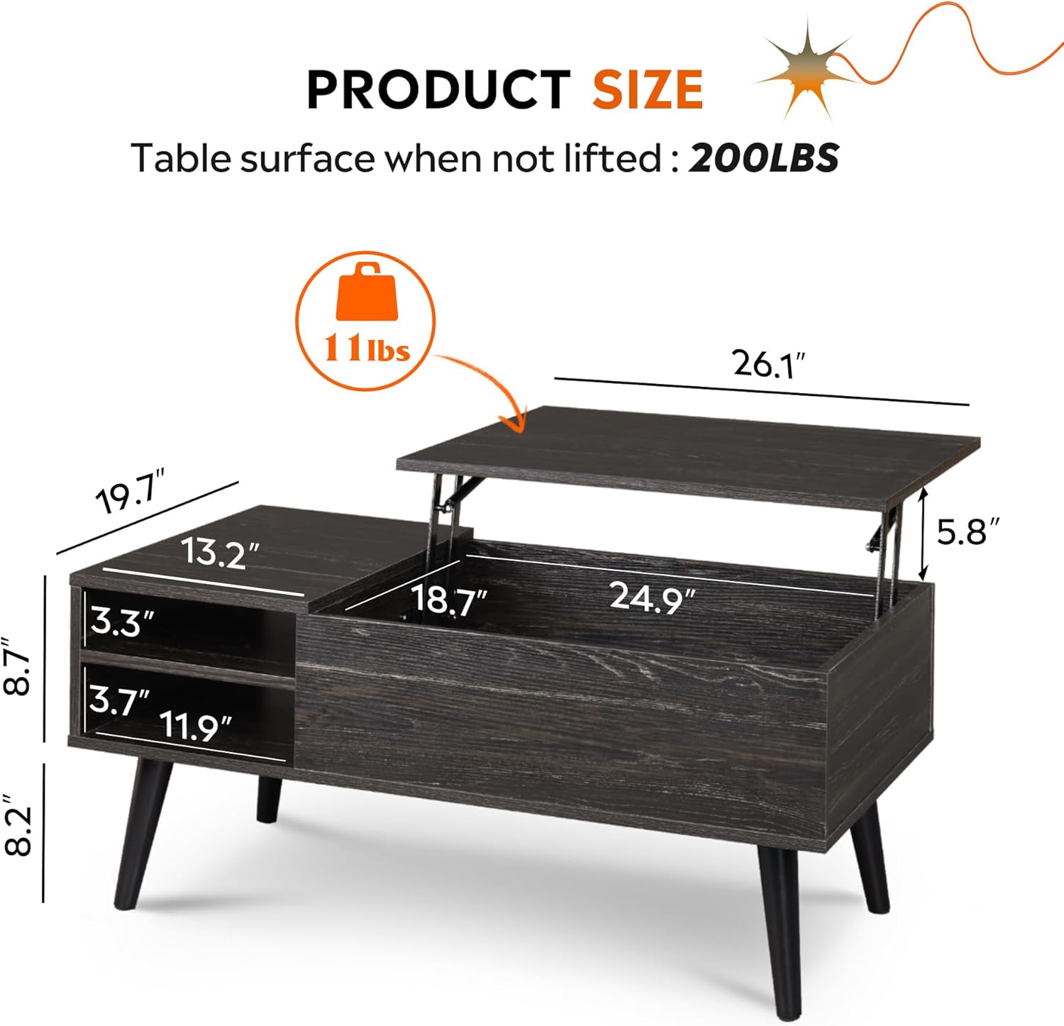 WLIVE Wood Lift Top Coffee Table with Hidden Compartment and Adjustable Storage Shelf, Lift Tabletop Dining Table for Home Living Room, Office, Charcoal Black - Image 3