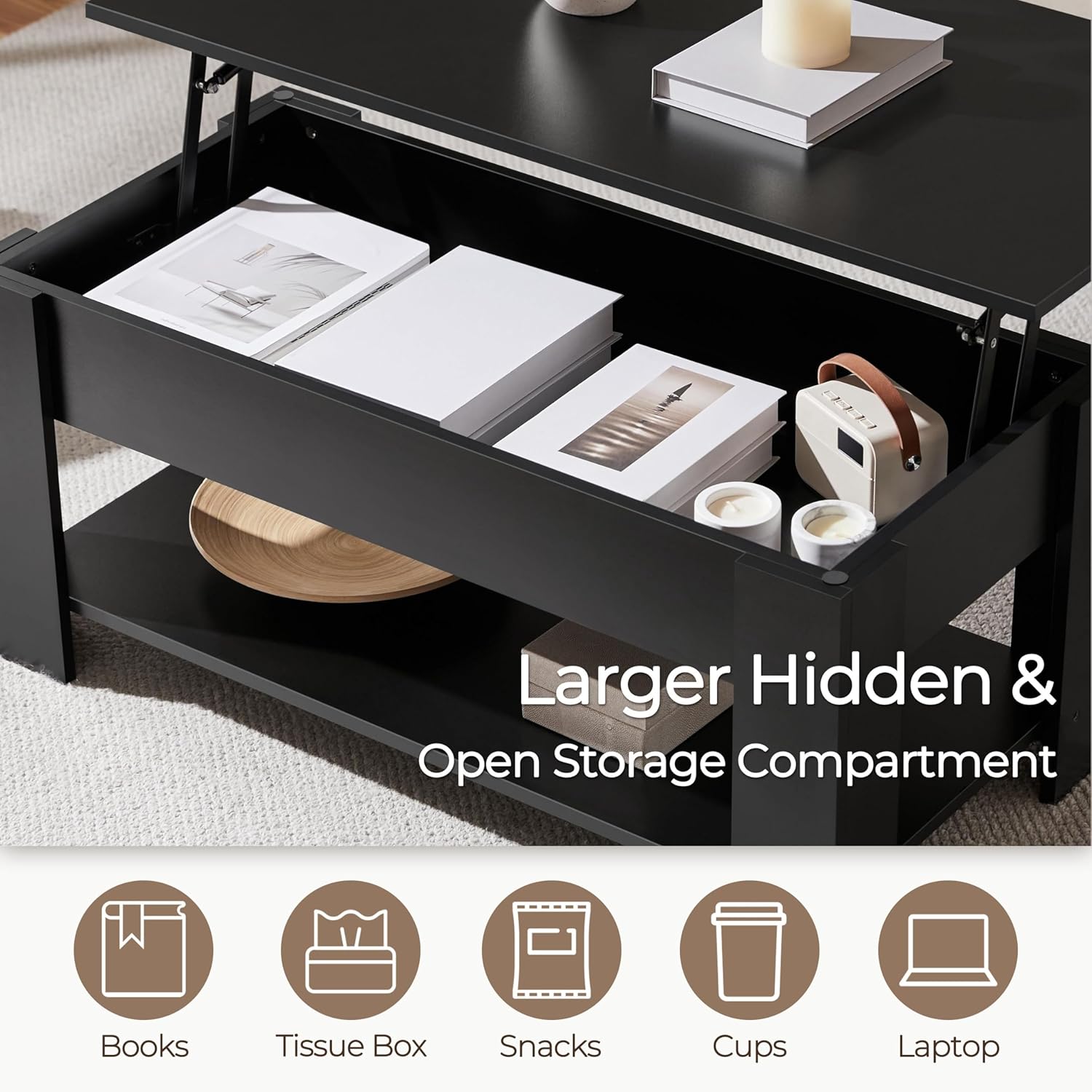 Yaheetech Wooden Coffee Table, Lift Top Coffee Table with Large Hidden Storage Shelf, Lift Tabletop Dining Table for Living Room, Home Small Space, 38.6in, Black - Image 6